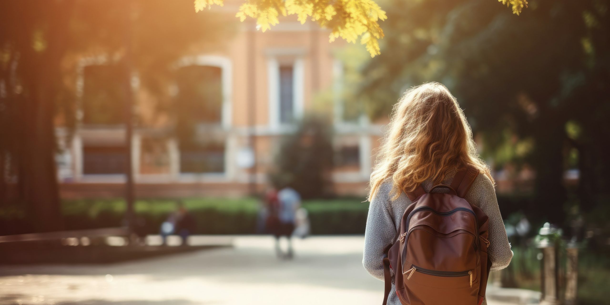 Back of student girl carry school bag while walking in school campus background. Copy space for banner, education, back to school concept.